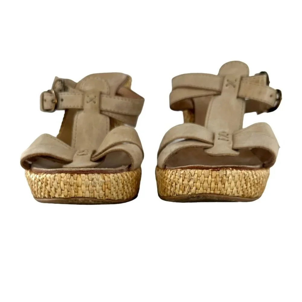 Sundance Beige Leather Open Toe Woven Wedge Heel Slides Size 38 Sandals